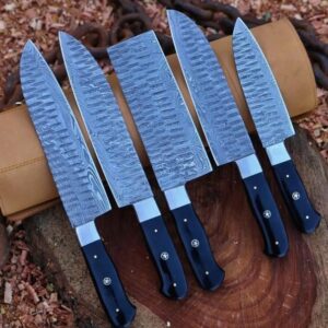 Hand Forged Damascus Steel Chef Knife Set 5 Pc | Kitchen Knife Set with Leather Roll | Wedding Gift | Anniversary Gift | Gift for Him