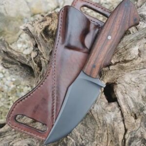 Hand Forged D2 Steel Skinner Knife: Rosewood Handle, Leather Sheath