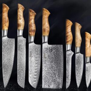 67-Layer Damascus Steel Kitchen Knife Set with Natural Sycamore Wood Handle - 7-Piece Japanese Chef Knife Set "Dynasty" Collection
